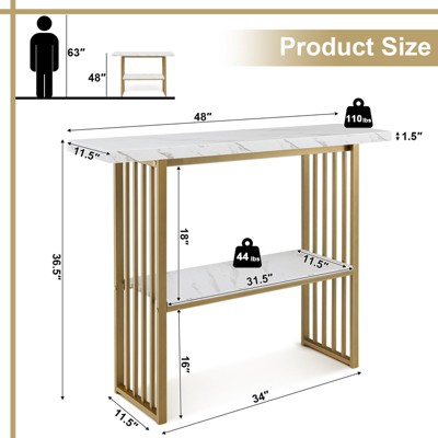White Faux Marble and Gold Metal Console Table with Storage Shelf