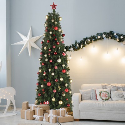 Angel Sar 7.5FT Pencil Christmas Tree, Pre-Lit with 350 Warm LED Lights, 1090 PVC Tips, 10 Lighting Modes, Automatic Structure, Green