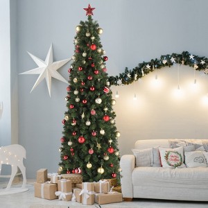 Angel Sar 7.5FT Pencil Christmas Tree, Pre-Lit with 350 Warm LED Lights, 1090 PVC Tips, 10 Lighting Modes, Automatic Structure, Green - 1 of 4