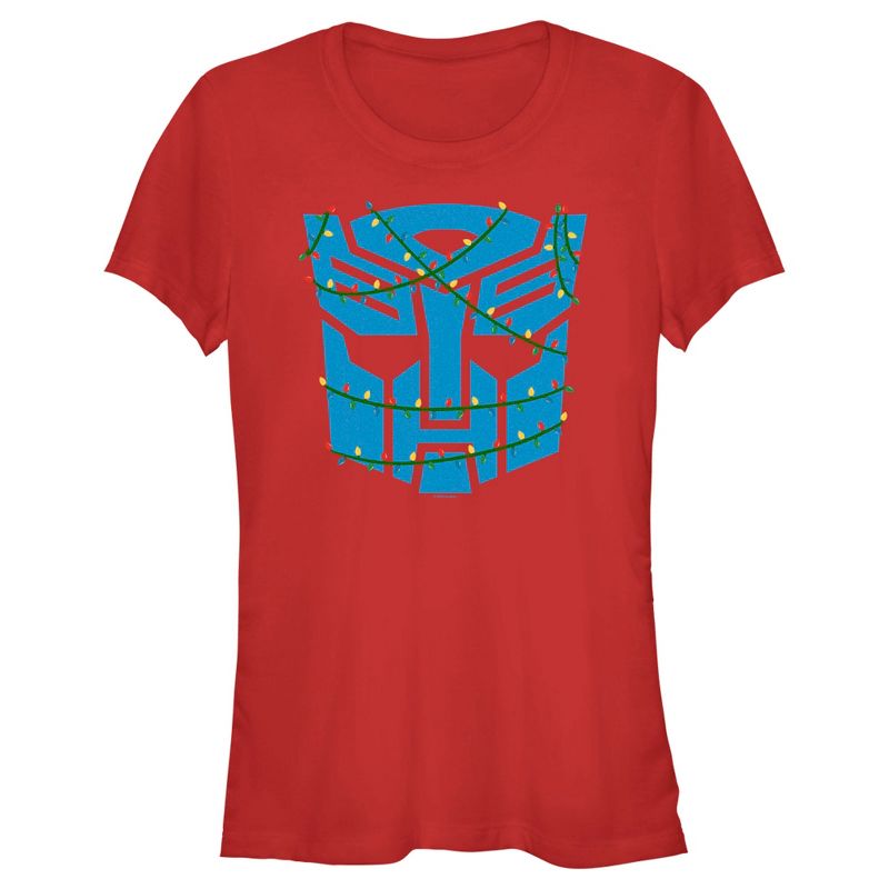 Juniors Womens Transformers Christmas Lights Autobots Logo T-Shirt, 1 of 5