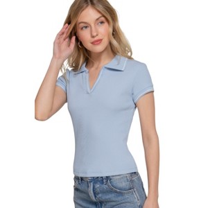Slickblue Women's Short Sleeve Polo Top, Rib Knit Fitted Shirt with Line Detail, Light Blue, Size S-L - 1 of 4