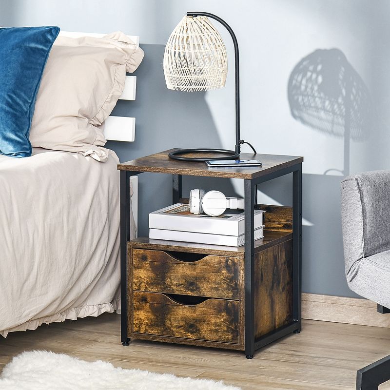 HOMCOM Industrial Side Table, End Table with 2 Storage Drawers Accent Piece, 2 of 7