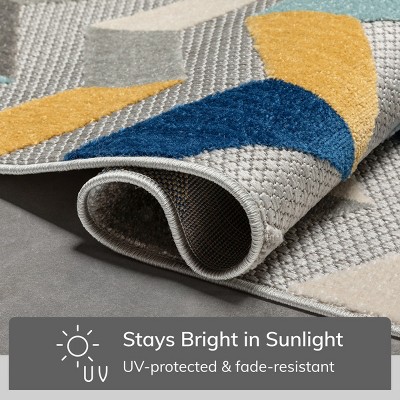 Blue and Yellow Geometric High Pile Outdoor Area Rug