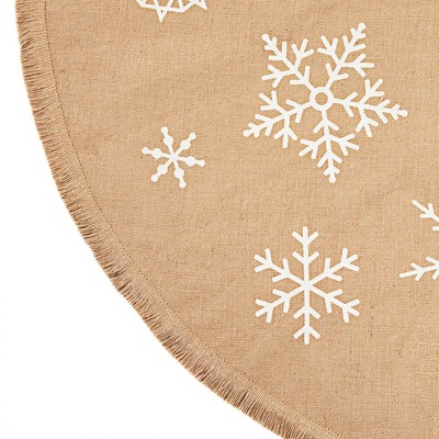 60 Inch Burlap Christmas Tree Skirt with White Snowflakes