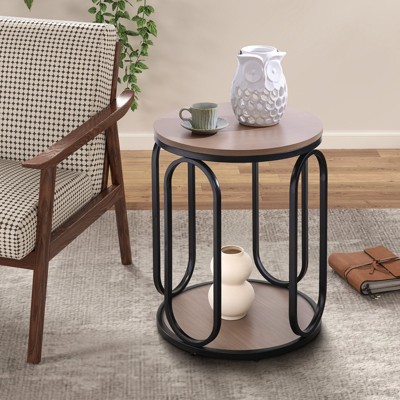 Bekrvio 19.7" Round Wood End Table, 2-Tier Industrial Side Table with Metal Frame