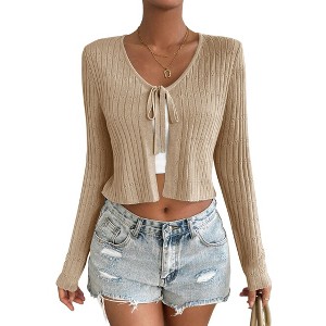 BLUEMING Summer Cardigan Sweaters for Women Cropped Lightweight Front Tie Cardigan with Eyelet Knit Rib Texture Caridigan - 1 of 4