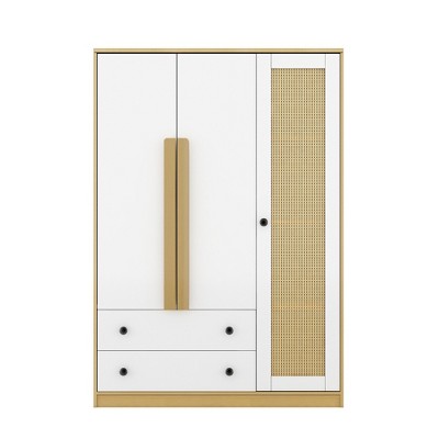 TIRAMISUBEST 3-Doors Wooden Rattan Wardrobe Storage for Bedroom - Mobile Lateral Filing Cabinet Locking Wheels Adjustable Shelf