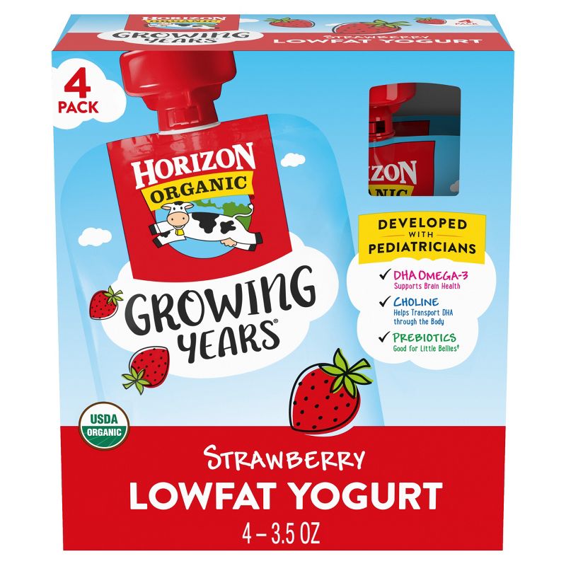 Horizon Organic Growing Years Low Fat Strawberry Kids&#39; Yogurt with DHA Omega-3 and Choline - 4ct/3.5oz Pouches, 1 of 11