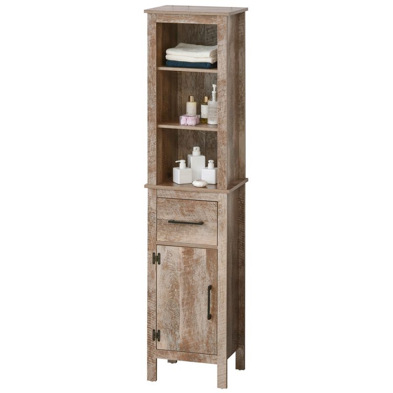 kleankin Tall Bathroom Storage Cabinet, Freestanding Linen Tower with 3-Tier Open Adjustable Shelves, Cupboard and Drawer, Narrow Slim Floor Organizer, 4 of 8
