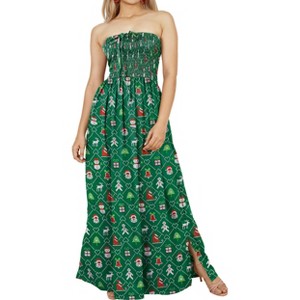 HAPPY BAY Women's Casual Beach Vacation Christmas Holiday A line Slit Maxi Dresses Tube Top Long Strapless Santa Dress for Women L-XL Tree Green - 1 of 4