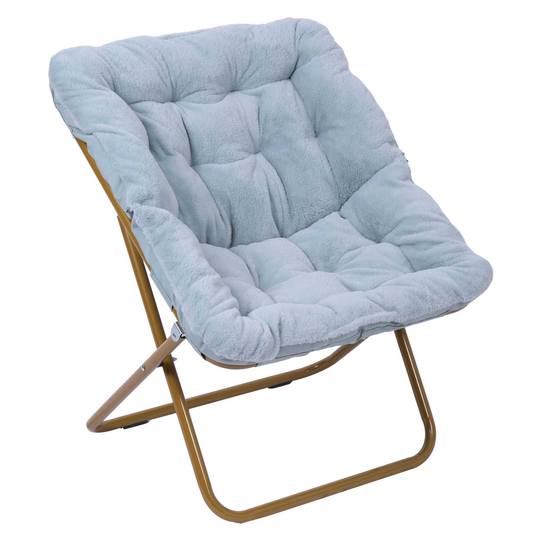 Emma and Oliver Oversized Faux Fur Folding Saucer Chair for Dorm, Bedroom, Dusty Aqua Faux Fur/Soft Gold Frame