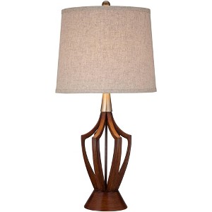 360 Lighting St. Claire Modern Mid Century Table Lamp 30 3/4" Tall Wood USB Charging Port Fabric Drum Shade for Bedroom Living Room Office House Home - 1 of 4