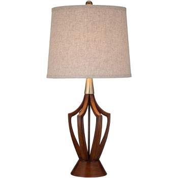 360 Lighting St. Claire Modern Mid Century Table Lamp 30 3/4" Tall Wood USB Charging Port Fabric Drum Shade for Bedroom Living Room Office House Home