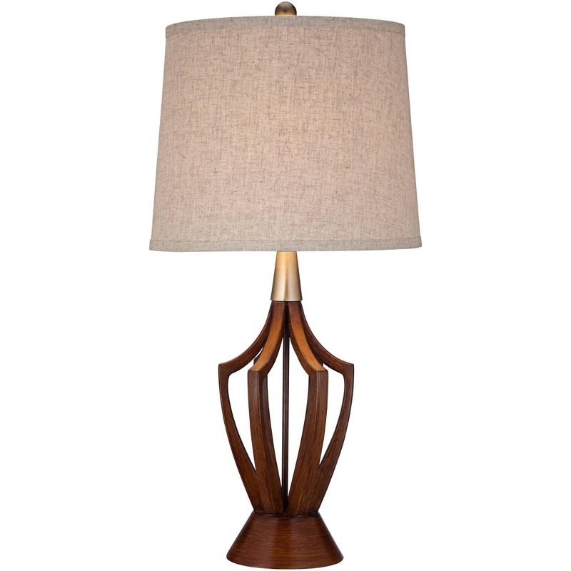 360 Lighting St. Claire Modern Mid Century Table Lamp 30 3/4" Tall Wood USB Charging Port Fabric Drum Shade for Bedroom Living Room Office House Home, 1 of 9