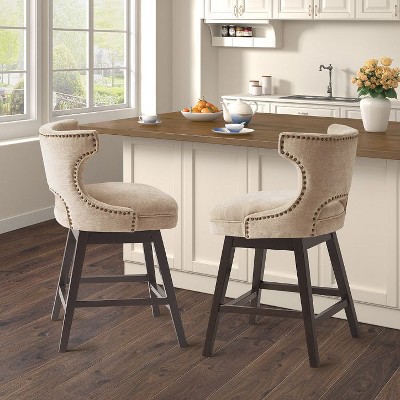 CAVINAS 25.75" Swivel Counter Stool with Open Back, Upholstered Bar Stool with Nailhead Trim, Solid Wood Frame, 360-Degree Rotation
