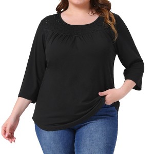 Agnes Orinda Women's Plus Size Crochet Lace Detail Curvy Hem 3/4 Sleeve Solid Casual Tunic Tops - 1 of 4
