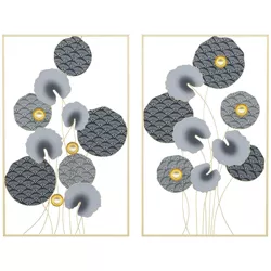 HOMCOM 3D Metal Wall Art Set of 2 Modern Lotus Leaves Hanging Wall Sculpture Home Decor for Living Room Bedroom Kitchen 20"x32"x2, gray and Gold