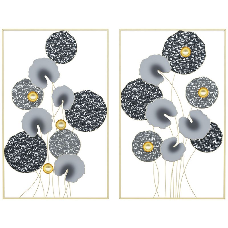 HOMCOM 3D Metal Wall Art Set of 2 Modern Lotus Leaves Hanging Wall Sculpture Home Decor for Living Room Bedroom Kitchen 20"x32"x2, gray and Gold, 1 of 7