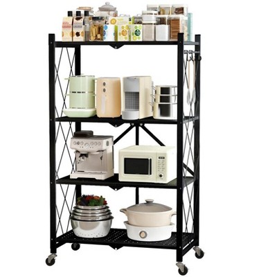 SUGIFT 4-Tier Storage Shelf Foldable Metal Shelving Units with Wheels, Black