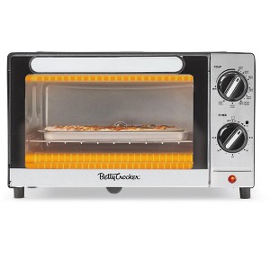 Betty Crocker 9L Toaster Oven, 2-Slice Capacity with Bake, Broil & Toast Functions, Easy Control Dials, Chrome Front, Black/Silver - 1 of 4