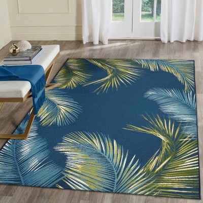 Navy Palm Border Flat Woven Synthetic Indoor/Outdoor Rug