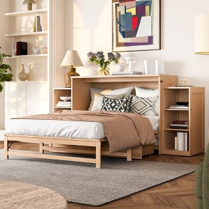 KWPZQEB Murphy Bed, Farmhouse Murphy Cabinet w/ 2 Drawers & Open Shelves, Wooden Cabinet Bed, Hideaway Foldable Platform Bed for Guest Room - 1 of 4