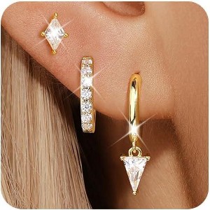 Gold Plated Dangle Huggie Hoop Set - Flower, Moon & Cross Designs, Hypoallergenic Stacking Jewelry Gift - 1 of 4