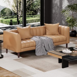 Modern 78" Faux Leather 3-Seater Sofa Couch – Deep Seating Sofa with 2 Throw Pillows & Wood Legs, Easy Assembly for Living Room & Bedroom, Brown - 1 of 4