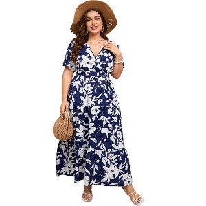 Garvee Women Plus Size V Neck Wrap Maxi Dress High Waist Ruffle Summer Casual Dress with Belt Short Sleeve - 1 of 4