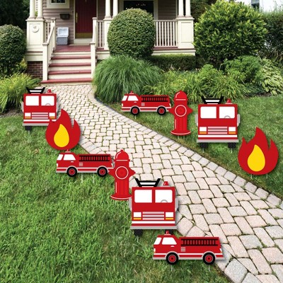 Big Dot of Happiness Fired Up Fire Truck - Lawn Decorations - Outdoor Firefighter Firetruck Baby Shower or Birthday Party Yard Decorations - 10 Piece