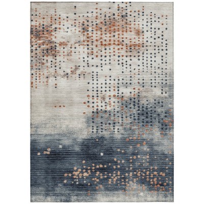 Linen And Navy Blue Geometric Washable Indoor Outdoor Area Rug