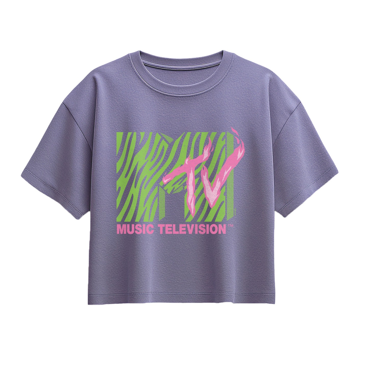 Футболка MTV Neon Tiger Stripe Logo Short Sleeve Boxy Graphic T-Shirt - Periwinkle для девочек, цвет: Полосатый — фото 1