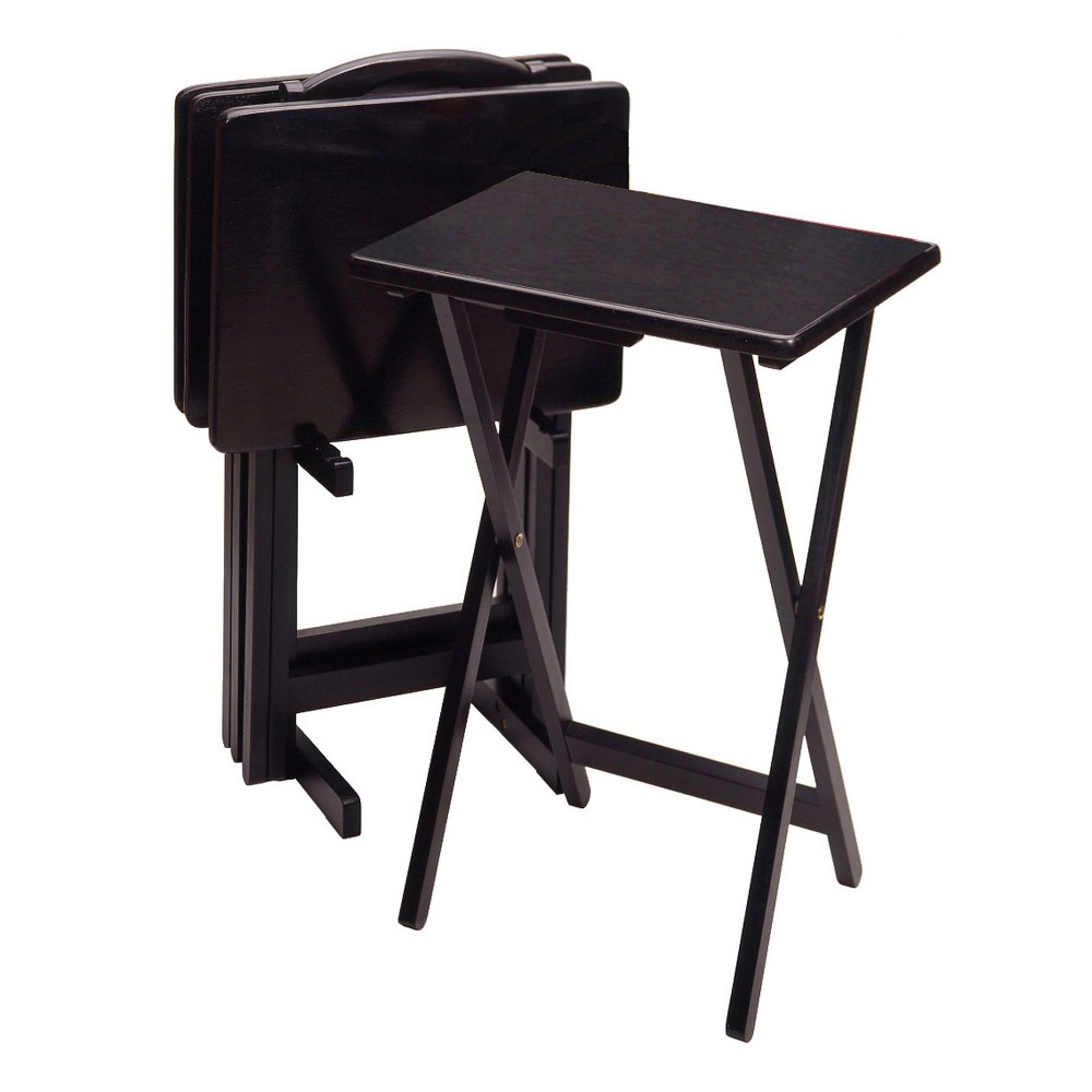 5pc Alex Snack Table Set - Black - Winsome: Beechwood, Storage Stand, Easy Clean, Foldable