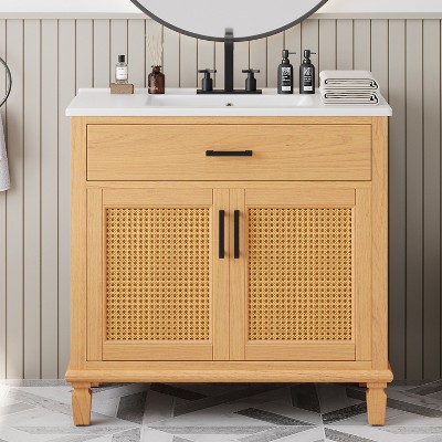 VYNXARIA 36" Rattan Bathroom Vanity with Ceramic Sink, Modern Bathroom Sink Cabinet, Free-standing Bathroom Vanity, Natural