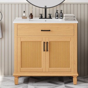 VYNXARIA 36" Rattan Bathroom Vanity with Ceramic Sink, Modern Bathroom Sink Cabinet, Free-standing Bathroom Vanity, Natural - 1 of 4