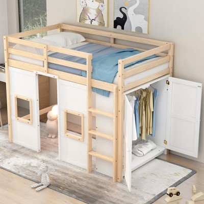 Whisen Wood Twin Size Loft Bed with Built-in Storage Wardrobe and 2 Windows