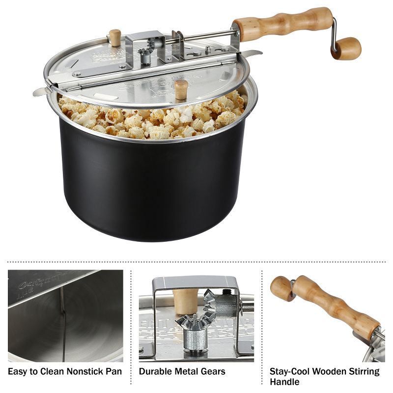 Great Northern Popcorn 6.5-Qt Aluminum Stovetop Popcorn Maker with Wooden Handle and Internal Kernel Stirrer - Black, 3 of 8