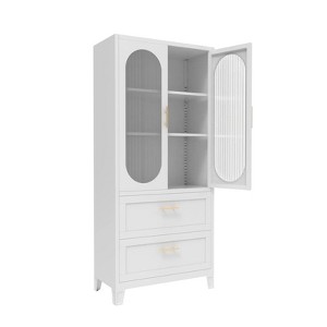 ZACHVO Freestanding Metal Storage Cabinet with Acrylic Glass Doors, 2 Drawers, Adjustable Shelves, Feet, White - 1 of 4