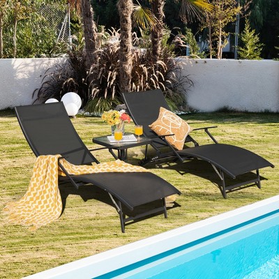 Black Steel Outdoor Chaise Lounge Chairs with Adjustable Backrest and Armrests