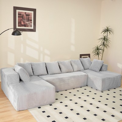 4-Seater Modular U-Shaped Sectional Sofa Striped Corduroy Chaise Lounge with Reversible Sofa for Living Room or Bedroom Couch-The Pop Home