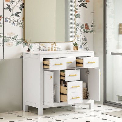 TUYOHW Bathroom Vanity with Ceramic Sink Combo Set, Modern Freestanding Single Bathroom Cabinet with 4 Drawers and 2 Cabinets, White