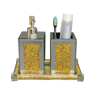 JANSNO Exquisite 3 Piece Square Soap Dispenser and Toothbrush Holder with Tray