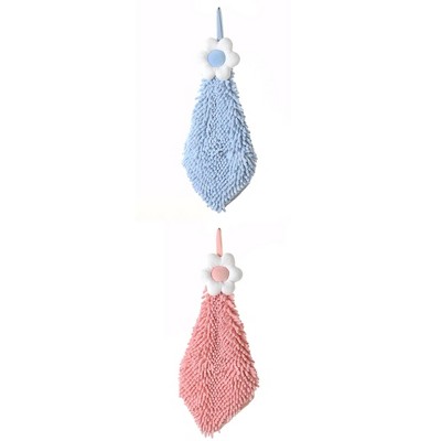 REGALWOVEN Chenille Soft Absorbent Flower Hanging Hand Towels for Bathroom 2 Pcs