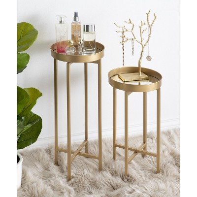 Glamorous Gold Round Metal & Glass Mirrored Side Table Set