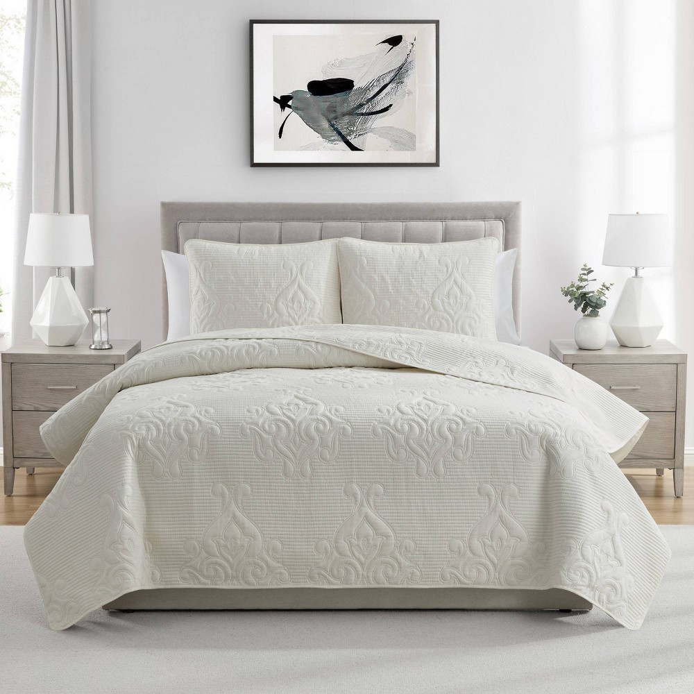Photos - Bed Linen VCNY 3pc King Solomun Pinsonic Quilt Set Ivory: Hypoallergenic Damask Bedding, Lightweight Microfiber, Modern Style