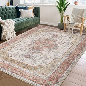 Coucheta Floral Area Rug Washable Vintage Boho Carpet Non-Slip Low Pile Indoor Rug for Bedroom Living Room, Multi-Color & Size - 1 of 4