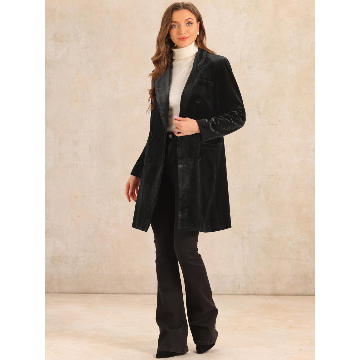 Женские куртки Allegra K Velvet Lapel Double Breasted Long Outerwear Winter Coats Medium Black, цвет: Чёрный — фото 4