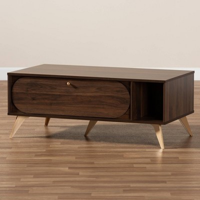 Walnut Brown and Gold Mid-Century Modern Coffee Table with Storage