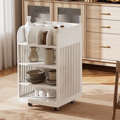 4 Tier Kitchen Island Cart With Spice Rack & Locking Casters, Simple Design Mobile Kitchen Storage Islands