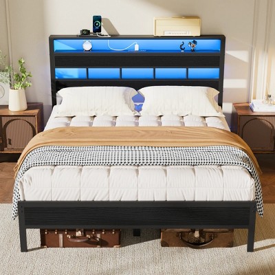 Furnulem Full  and Queen Bed Frame with Storage Headboard and LED Lights, Metal Bedframe with Charging Station and USB Port, No Box Spring Needed